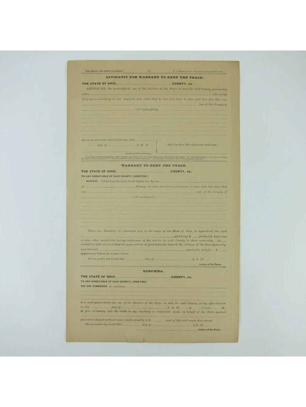 Ohio Peace Warrant Affidavit & Subpoena Record Form Blank Antique 1900-10s RARE